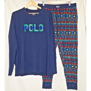Polo Ralph Lauren XL Logo Colorful Long Sleeve Tee Jogger Pants Pajama Set Knit